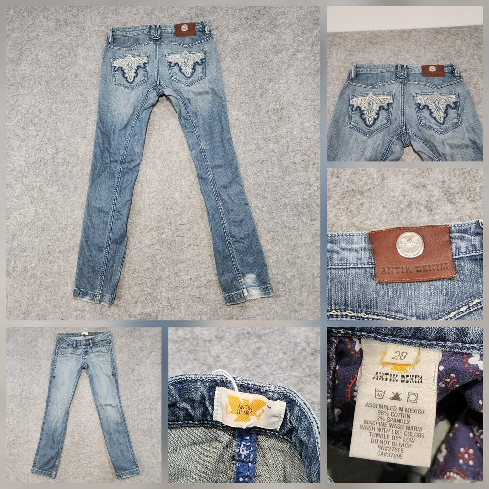 Antik Denim Womens Size 28 28x29 Blue Embroidered Denim Jeans Button‎ Fly